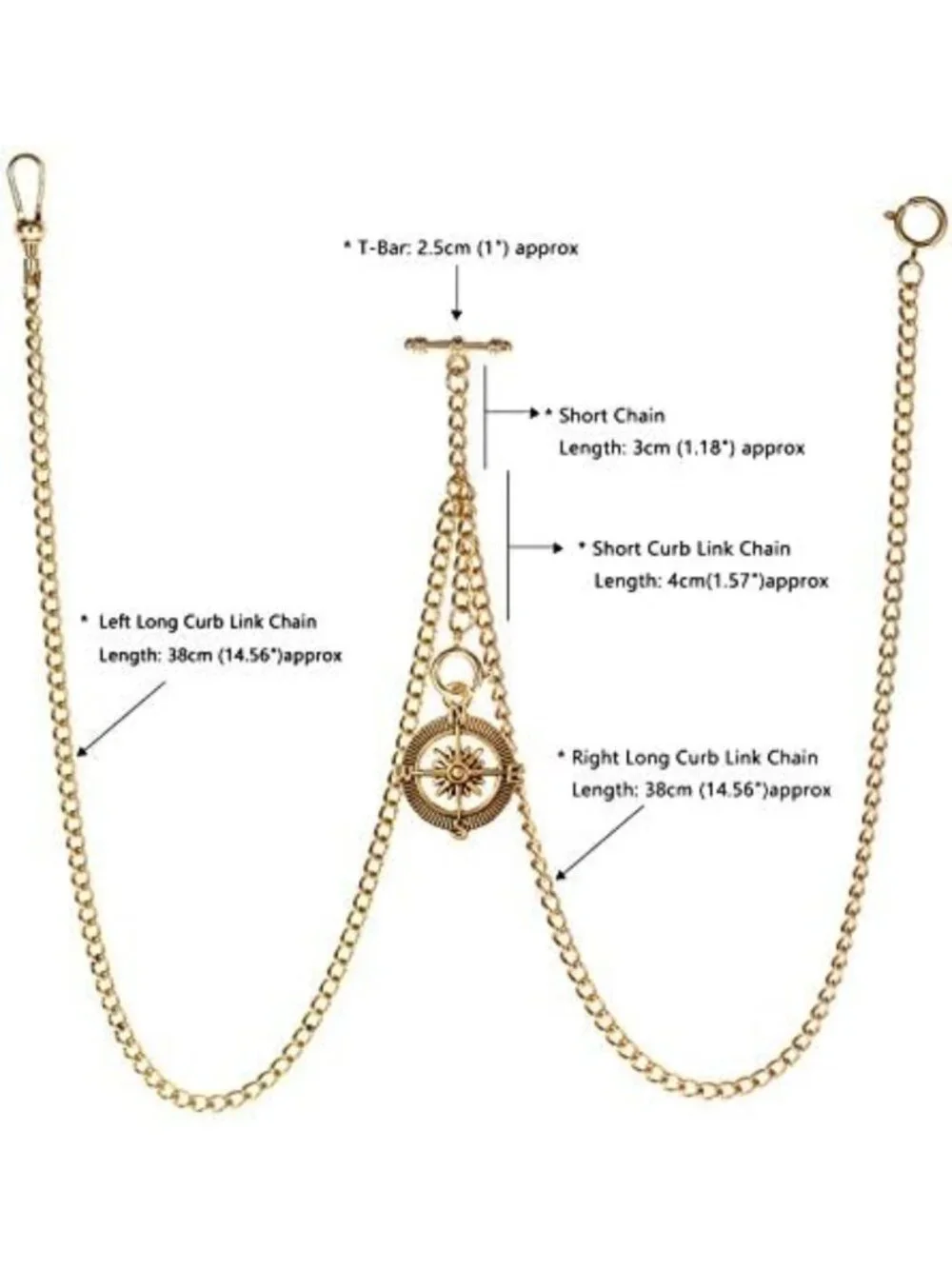 Vintage Double Albert Chain Pocket Watch Keychain with Antique Compass Pendant
